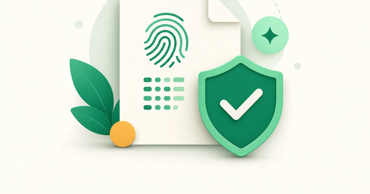 Arquivo com um símbolo de verificação e um código sendo conferido na tela